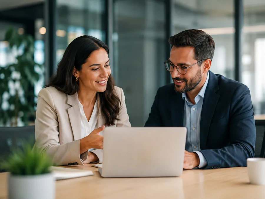 Two professionals discussing a remote hiring strategy in a modern office