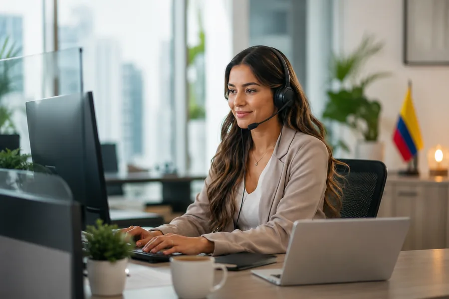 Customer support professional working from a modern Colombia-based office